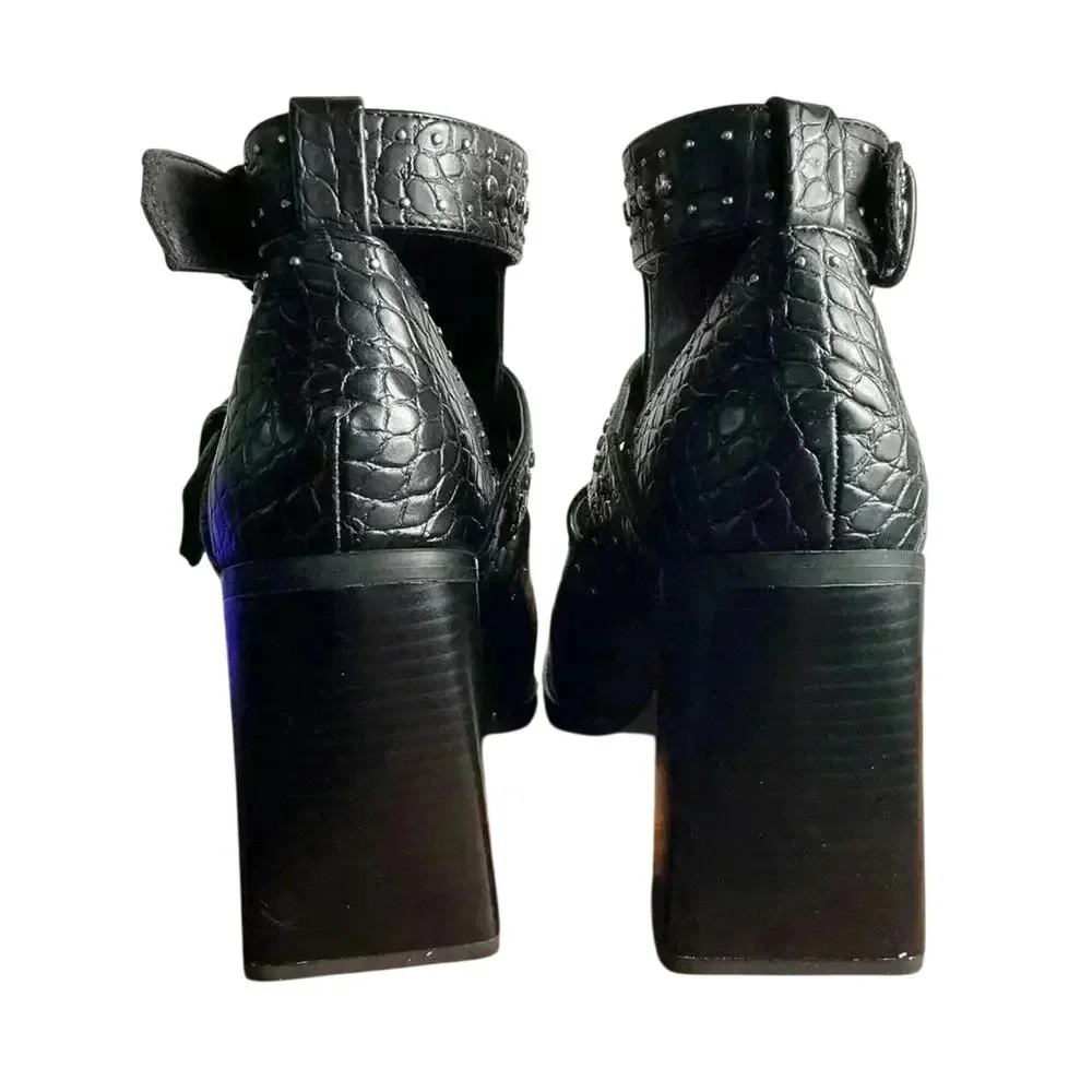 ZARA Black Croc Embossed Studded Buckle Ankle Boots Block Heel Size 38 (US 7.5)